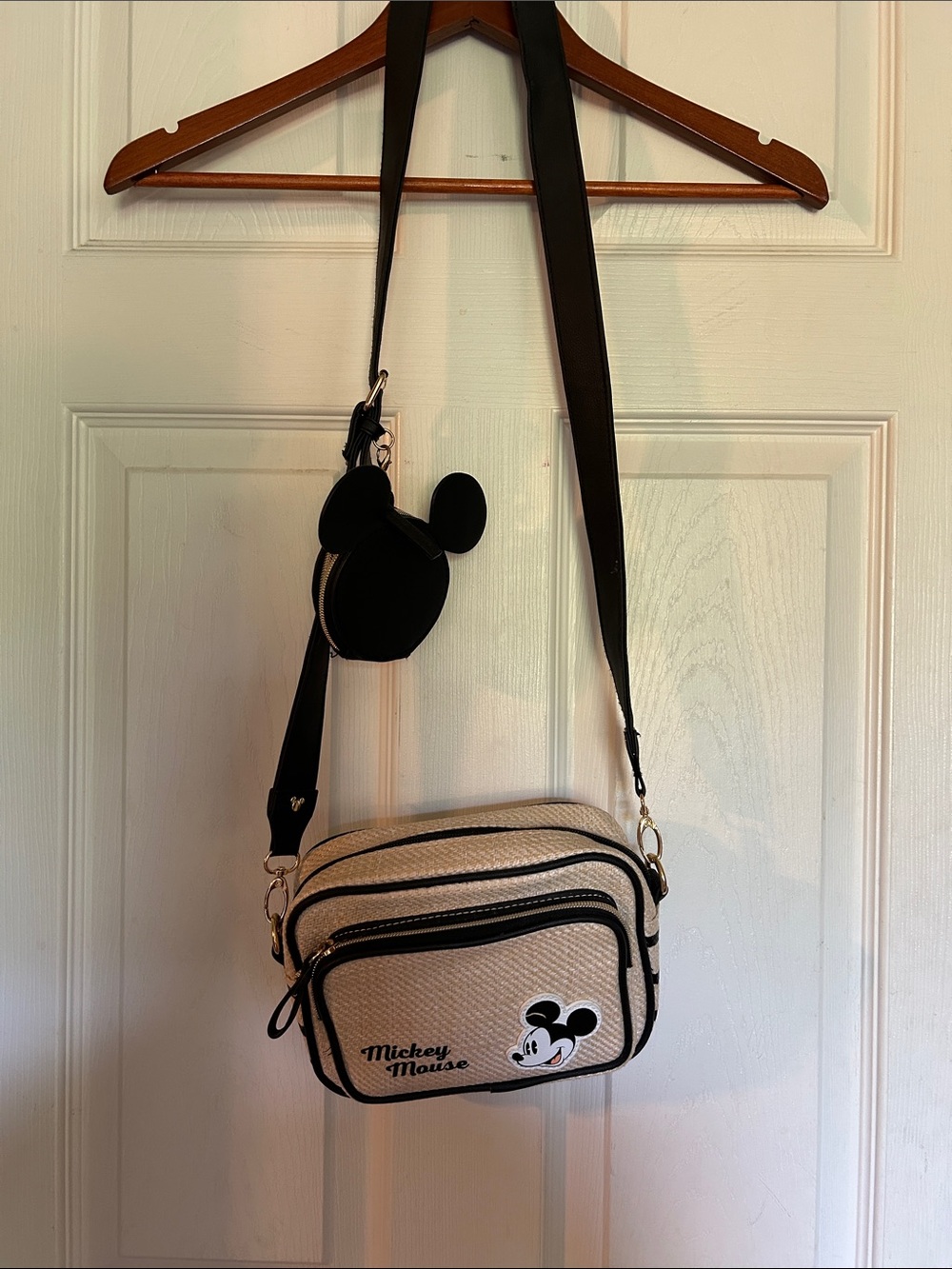 Disney Mickey Mouse Beige and Black Crossbody Bag with Ear Coin Pouch